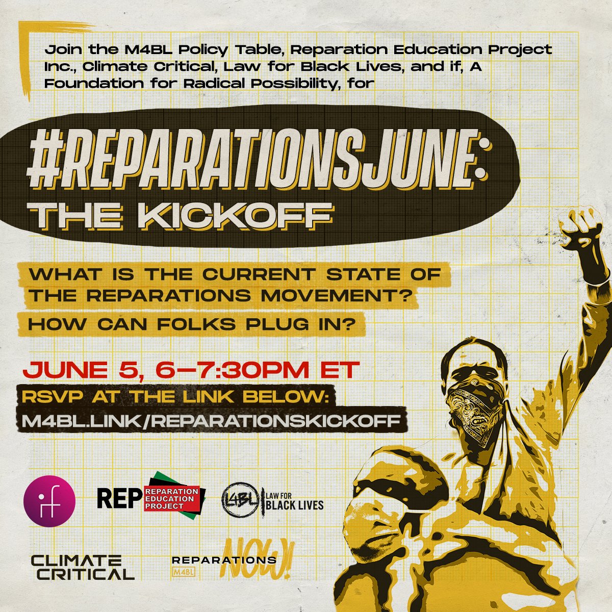Mvmnt4BlkLives's tweet photo. TODAY, join our “#ReparationsJune: The Kickoff” event at 3–4:30 pm PT / 6–7:30 pm ET! It's past time for reparations for the harm done to our people. Join us to learn what they could look like &amp; how to make them a reality!

Register Here: https://t.co/RIvhpS3Hnr https://t.co/RIVkKKdzFF