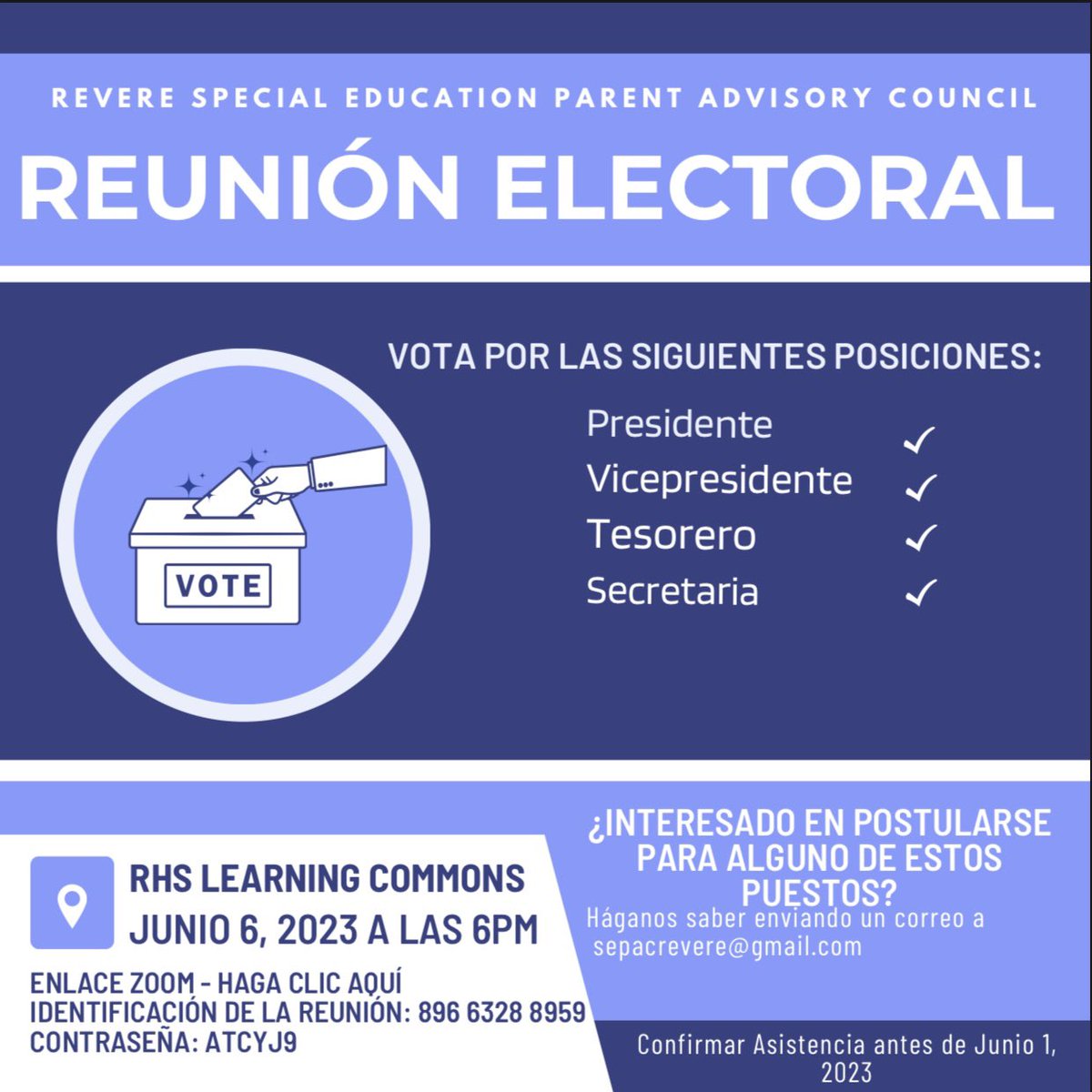 RevereSEPAC's tweet photo. Tomorrow is our election for SEPAC

6pm at RHS commons &amp; below is the zoom meeting ID &amp; Password, look forward to getting some new members help out the team. https://t.co/y3oE5FxhJT