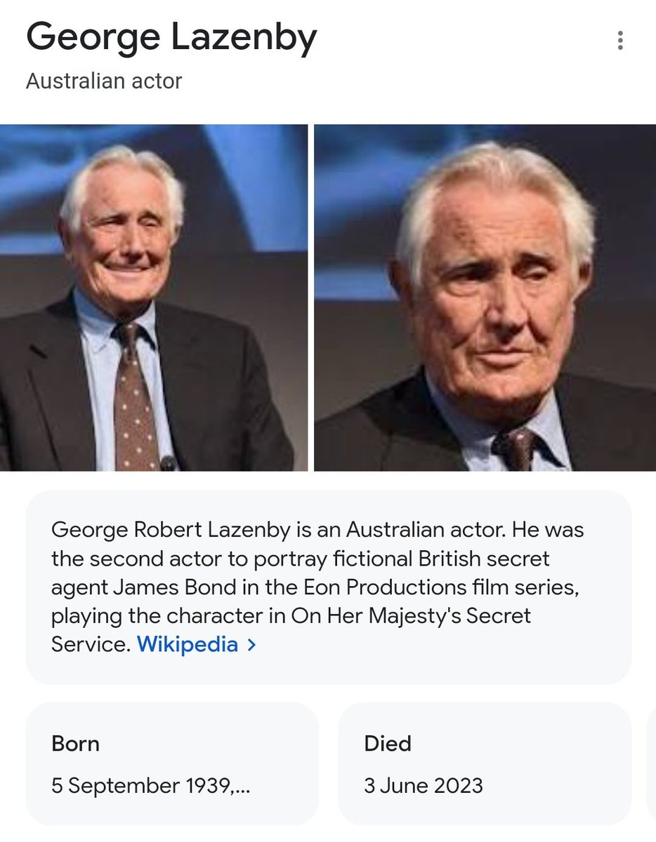 The007Files's tweet image. Google is reporting the apparent "death" of #GeorgeLazenby on June 3rd!

How can this be? Especially without an official announcement? Where did they get the information?