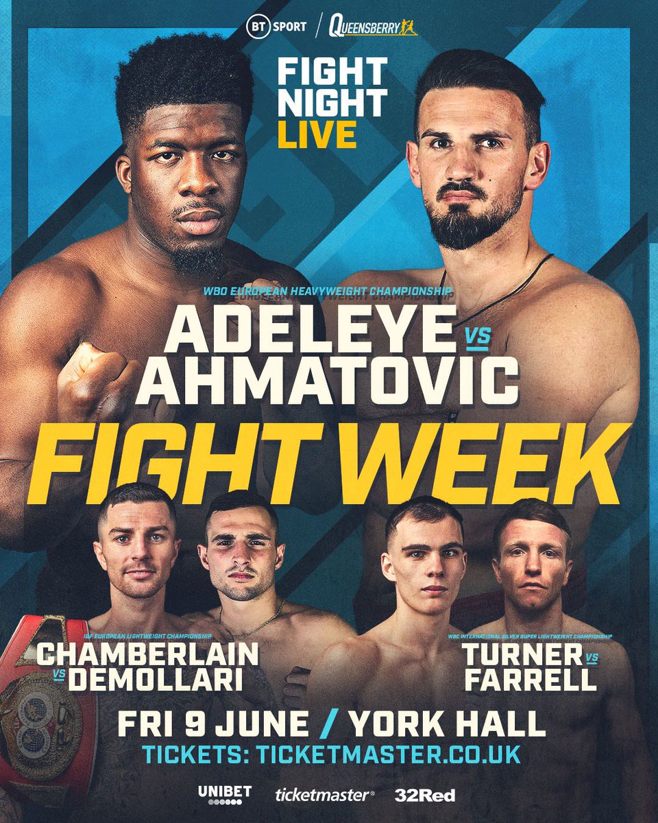 IFLTV's tweet photo. Queensberry head to York Hall this Friday 🥊
#️⃣ #AdeleyeAhmatovic
🏆 WBO European Heavyweight Title
#️⃣ #ChamberlainDemollari
🏆 IBF European Lightweight Title
#️⃣ #TurnerFarrell
🏆 WBC International Super-Lightweight Title
📺 @BTSportBoxing
#BoxingFans | #BoxingWorld https://t.co/tm5DVvyVze