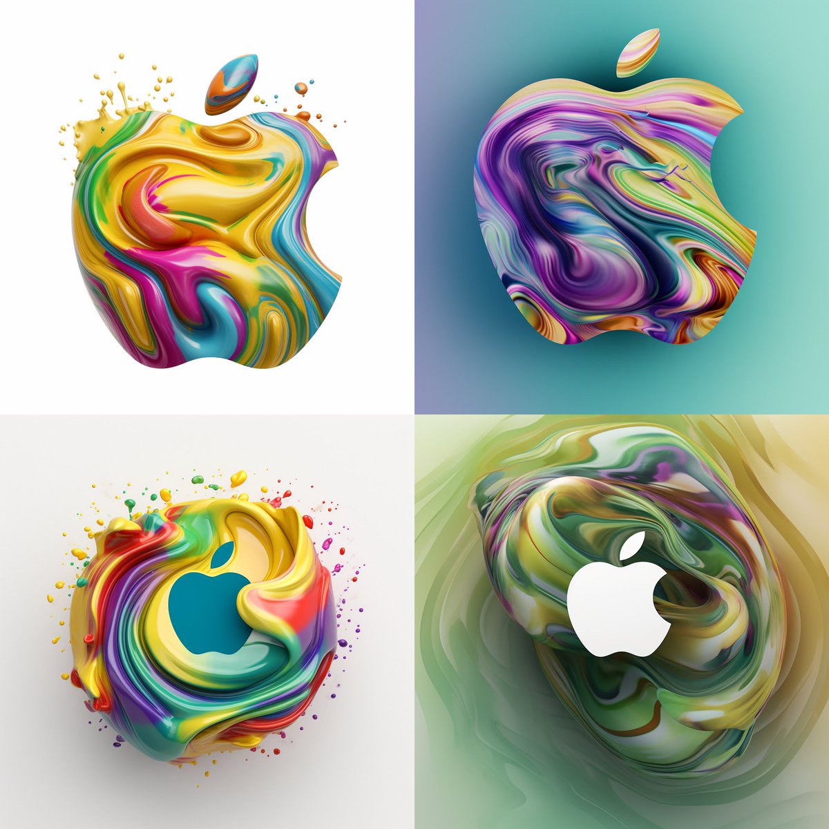 “A colorful undulating fluid texture swirls and ripples to shape the Apple logo” … dropped the apple.com WWDC alt text into Midjourney: