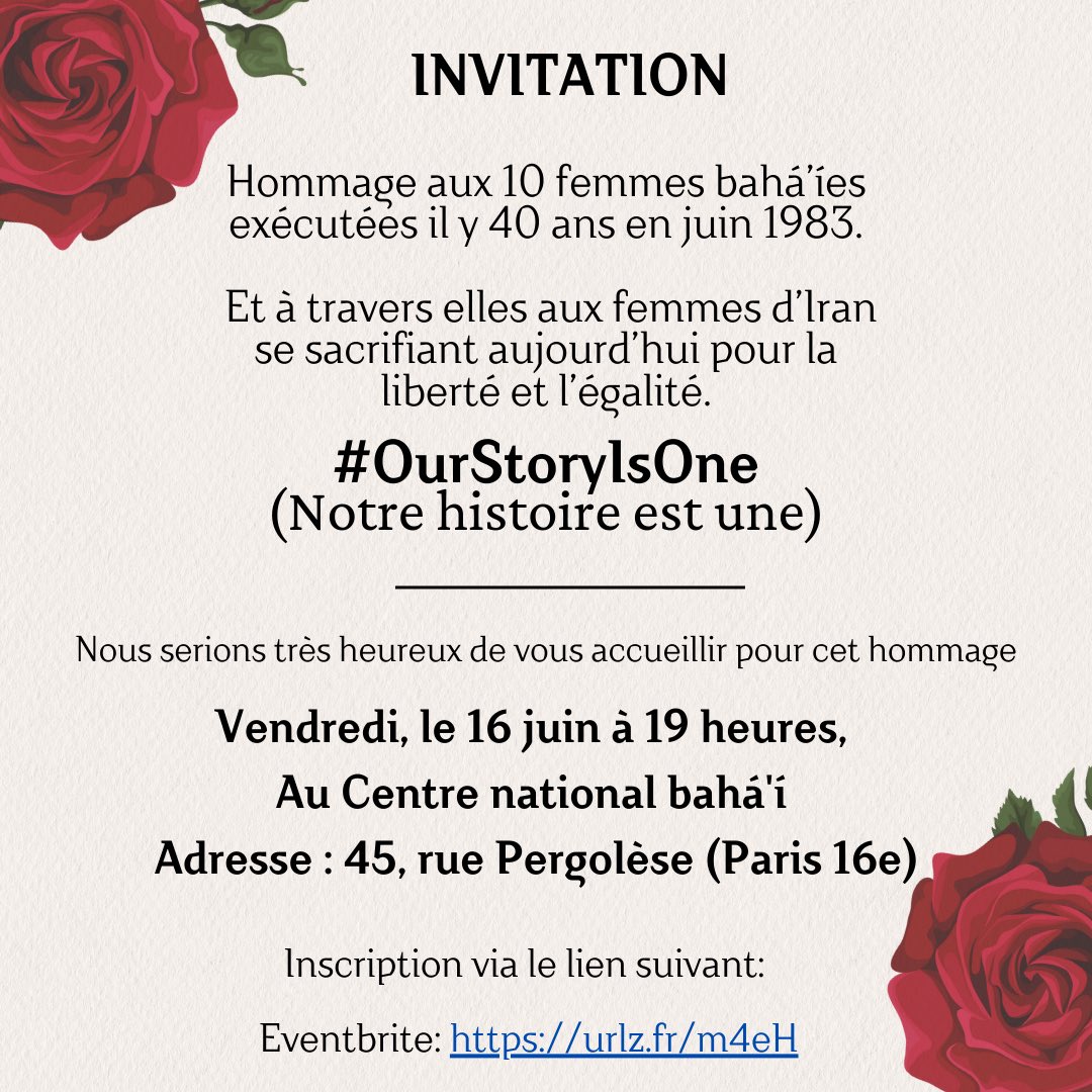 bahaisdefrance's tweet photo. 🌹🌹 ÉVÉNEMENT 🌹🌹🌹

Inscription obligatoire via le lien suivant ⤵️

https://t.co/pKSi0JIBze

#OurStoryIsOne https://t.co/gFfJTQ8Vyh