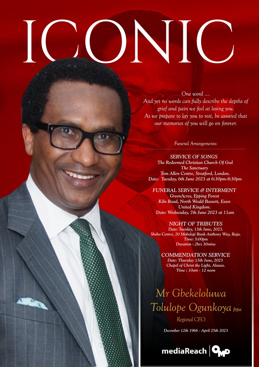 mediareachOMDNG's tweet photo. The obsequies of Mr. Tolu Ogunkoya, may his gentle soul rest in perfect peace.
We are consoled by his good works and the legacy he's left behind. We will surely miss him.
RIP Tolu Ogunkoya
#funeralrite #keepresting #rip #omd #mediareach #mediareachghana #mediareachcameroun https://t.co/ReKCxV32Vd