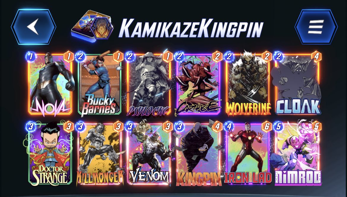 AJ_Casts's tweet photo. This shell is gonna be nasty once ghost spider arrives, mark my words.  I’ve been cooking it for some time and it already performs quite well, but once more people are playing their own move cards and we get another tool to move nimrod on turn 6 it’s gonna get nuts.

#MarvelSnap https://t.co/PpE0bVXp4I