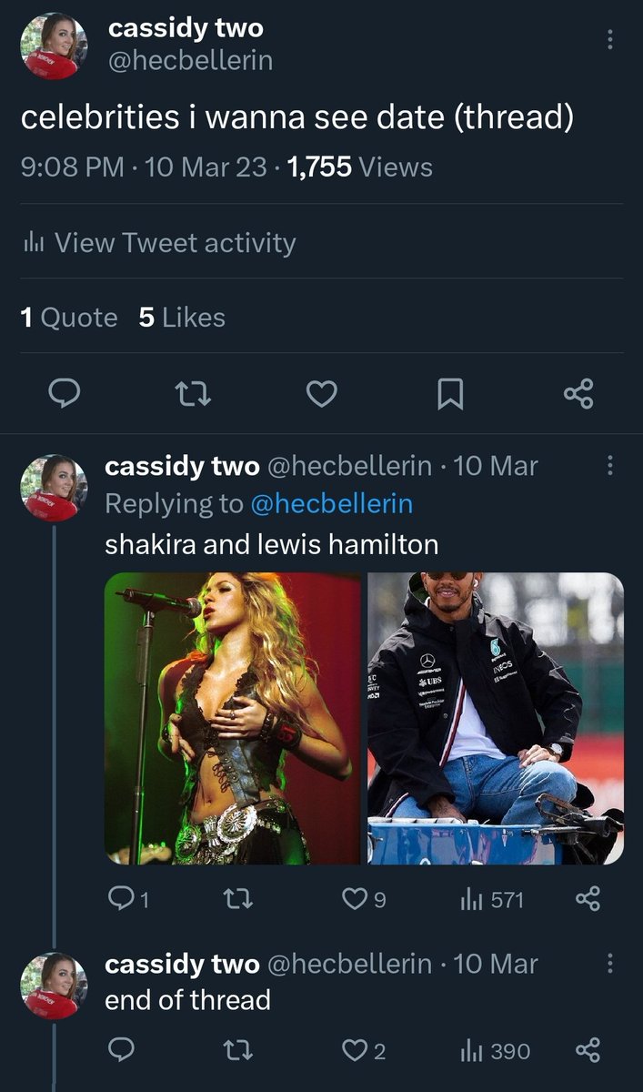 RT @hecbellerin: i can't believe i singlehandedly manifested lewis hamilton and shakira getting together https://t.co/KqGY4nLJSb
