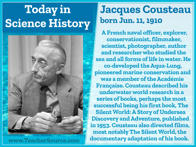 Jacques Cousteau was born on this day in 1910.
#JacquesCousteau #AquaLung #SCUBA #MarineBiology #MarineConservation #SeaLife #TheSilentWorld #science #ScienceHistory #ScienceBirthdays #OnThisDay #OnThisDayInScienceHistory