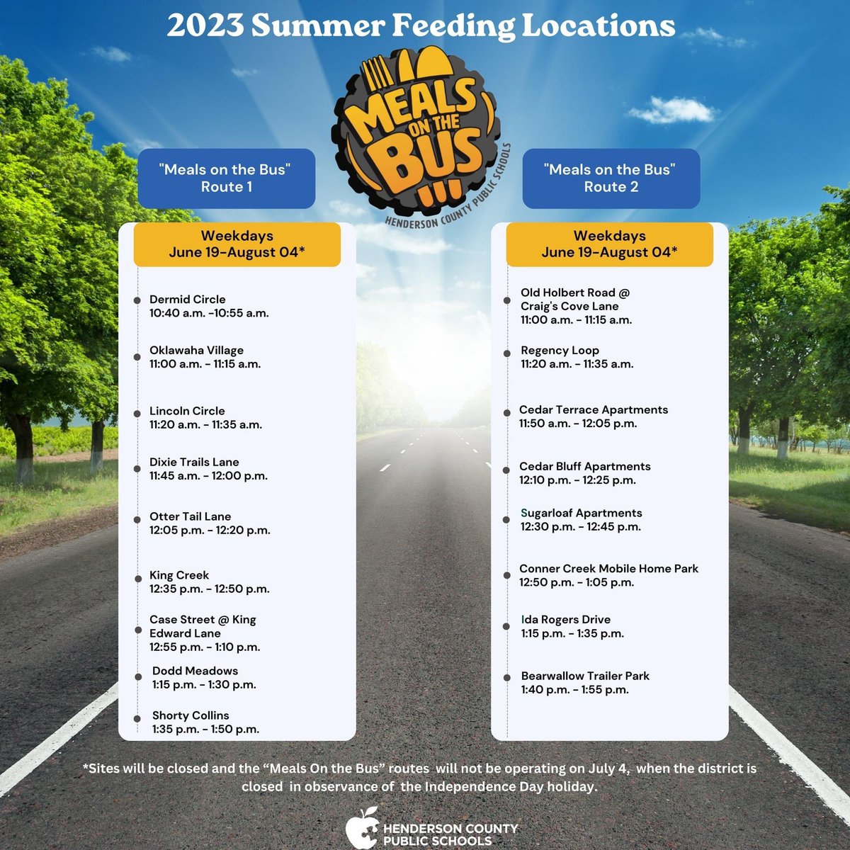 HCPSNC's tweet photo. It's almost time for us to roll into summer! ☀️🛞

Check out the 2023 "Meals on the Bus" schedule and summer meal details on our website ➡️ https://t.co/rIwqs6Xm1l

@HCPS_CNdept 

#SummerMeals2023 #ChildNutrition #NoKidHungry #SchoolNutrition https://t.co/iHCyQgIdNK