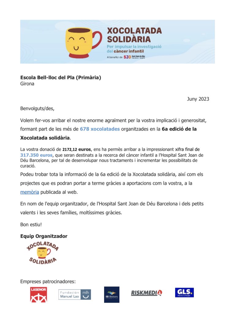 @sjdhospitalbarcelona 
Ens ha fet arribar aquesta nota d’agraïment que us volem fer arribar.

<a href="/ampaBellLloc/">Ampa Bell Lloc</a> 
<a href="/InfantilBllc/">Infantil Bell-lloc</a>