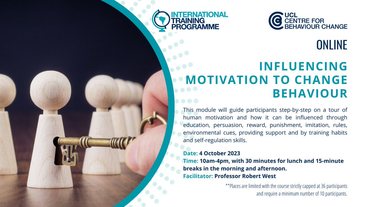 UCLBehaveChange's tweet photo. Influencing Motivation to Change Behaviour: 4th October, 10am-4pm. 
Join @robertjwest as he guides you through human motivation and practical examples of influencing change. Take advantage of this interactive session! Register now: https://t.co/4igT2Dw3AV
#MotivationForChange https://t.co/THhZUJCGrX