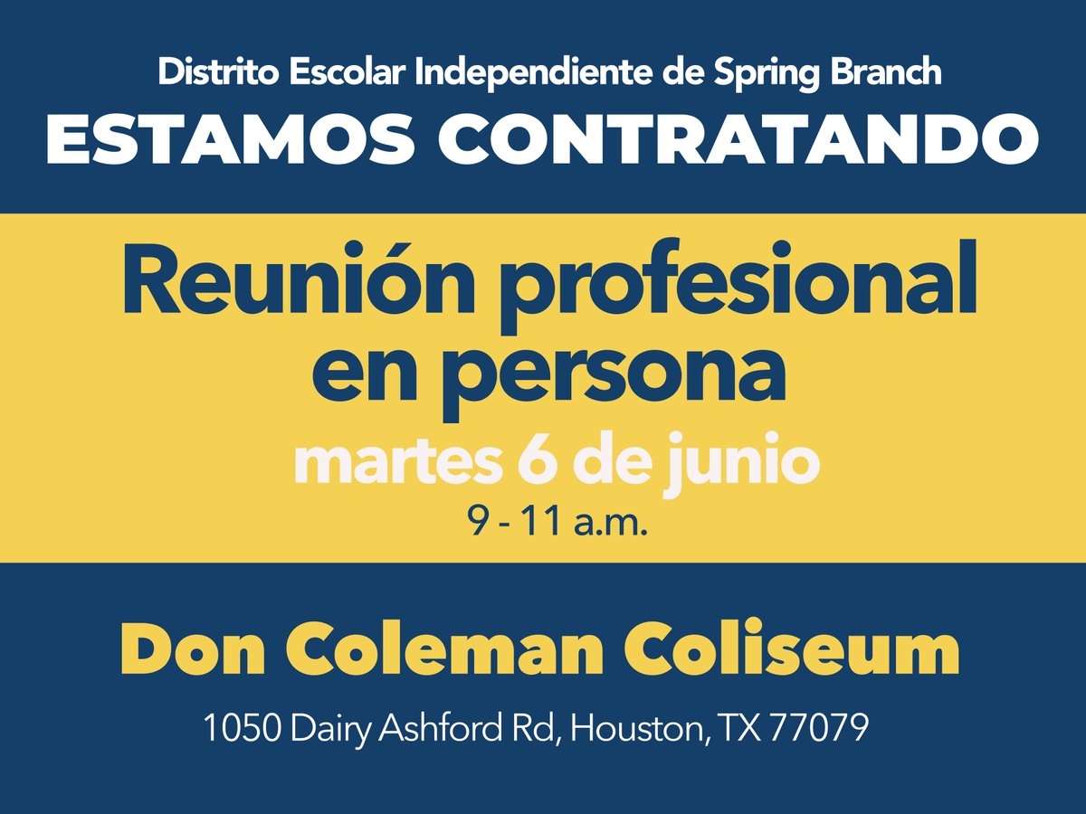 Join us for SBISD’s Professional In-Person Meet & Greet from 9-11 a.m. TOMORROW, Tuesday, June 6 at Don Coleman Coliseum! Learn more about opportunities for the 2023-24 school year & register for the job fair: springbranchisd.com/join-our-team