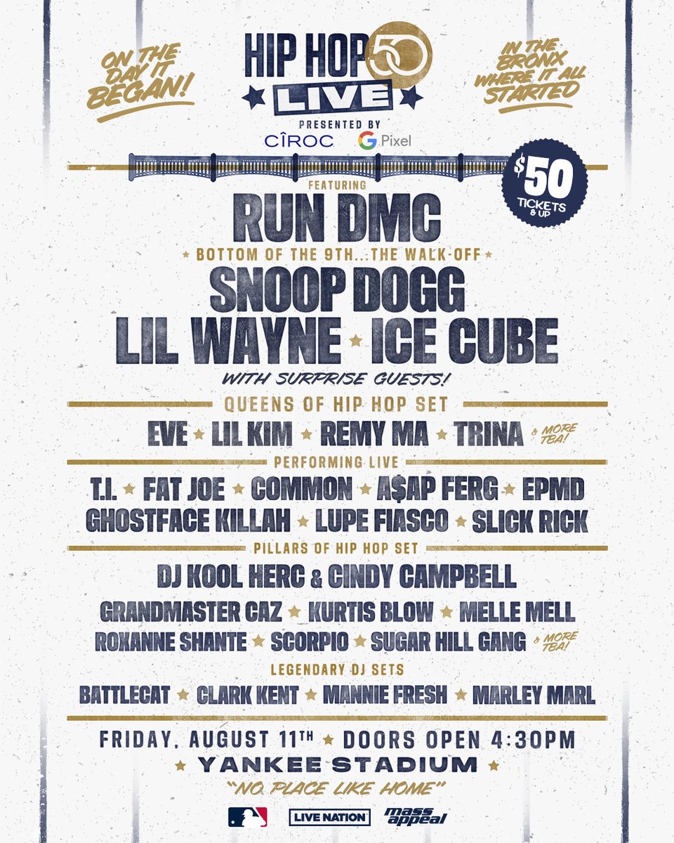 On the day it began, in the Bronx where it all started 🔥 Celebrate 50 years of Hip Hop with @OfficialRunDMC, @SnoopDogg, @LilTunechi, @icecube and many more this August 🔥 General onsale begins this Friday at 10am ET here livemu.sc/45KSK17