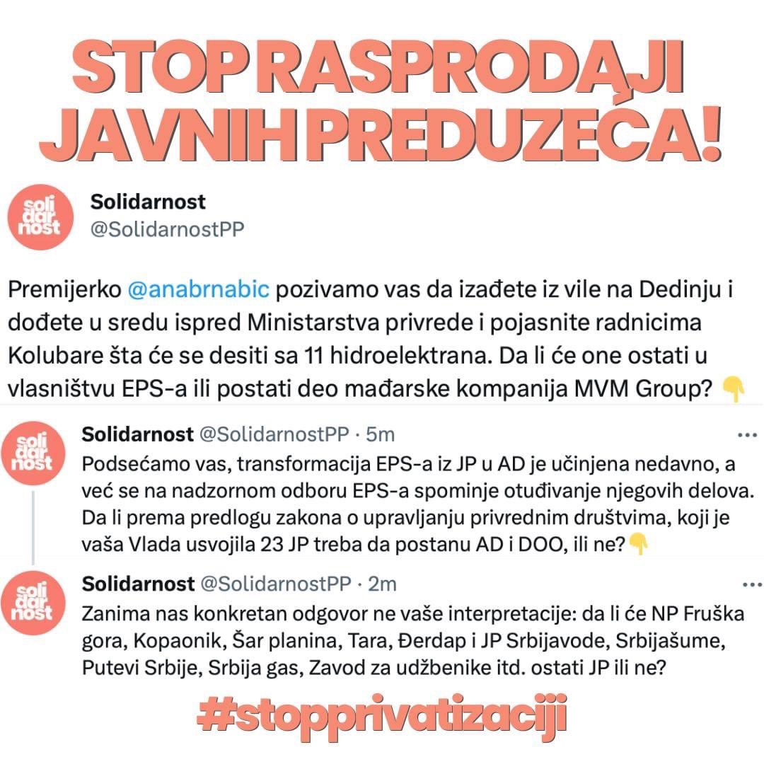 SolidarnostPP's tweet image. ❗❗❗Premijerka @anabrnabic opet tvrdi kako informcija o privatizaciji 23 javna preduzeća nije tačna, vešto izbegavajući da odgovori na pitanje da li je tačna informacija da će ova preduzeća ubuduće umesto javnih preduzeća postati akcionarska društva i doo?