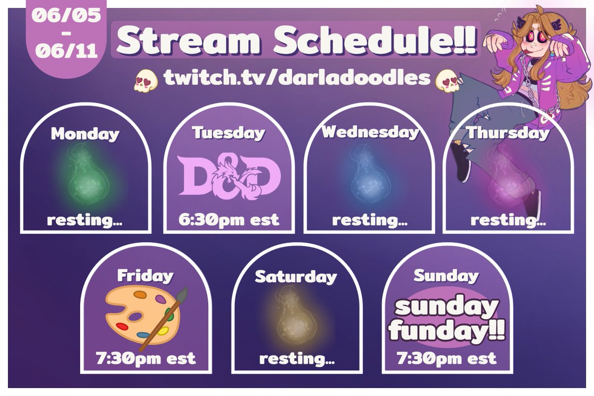 👻[ 𝗗𝗔𝗥𝗟𝗔'𝗦 𝗥𝗘𝗔𝗣𝗣𝗘𝗔𝗥𝗘𝗗!! ]👻

😴I'm back from my break! WITH A PC!! 

💜Taking it a little easy this week while I adjust, but I hope you can float into chat sometime!

#streamschedule #VTuberUprising #twitchstreamer #darladoodles