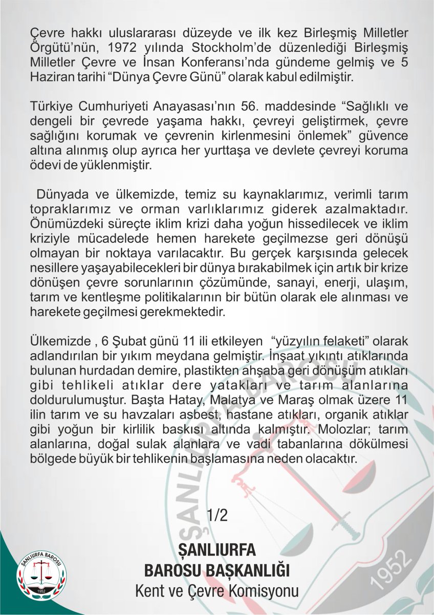 KentveCevre's tweet photo. 5 Haziran Dünya Çevre Günü ile ilgili açıklamamızdır. 

@UrfaBarosu https://t.co/4vY23fM9ad