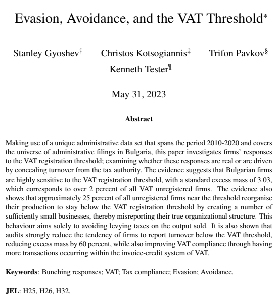 New paper on how firms respond to #VAT #threshold w/@EconTester @gyoshev and pavkov. Paper investigates how firms respond to the #VAT #threshold focusing on the distinction between real responses and responses driven by #evasion/#avoidance [1/10]