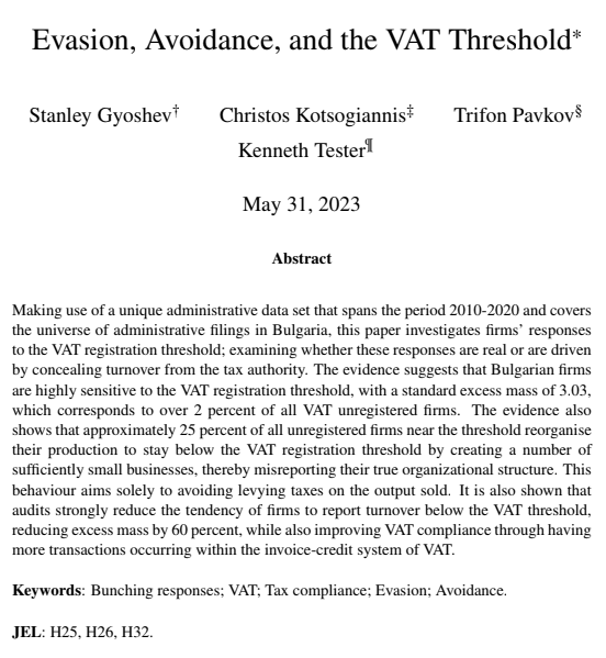 KotsogiannisC's tweet photo. New paper on how firms respond to #VAT #threshold w/@EconTester @gyoshev and pavkov. 

Paper investigates how firms respond to the #VAT #threshold focusing on the distinction between real responses and responses driven by #evasion/#avoidance [1/10] https://t.co/c6YlNpcTM1