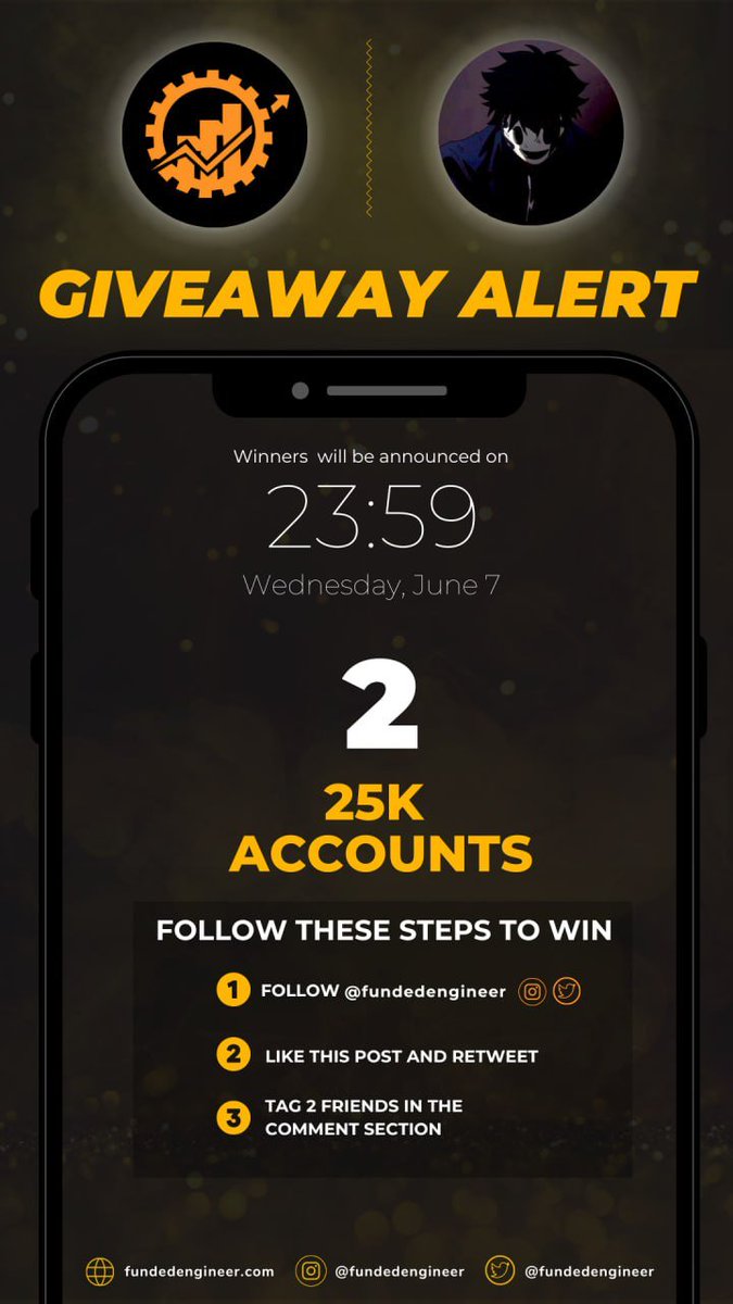 SORTEO x2 cuentas de 25k🎁 

Los chicos de @fundedengineer me han dejado sortear 2 cuentas para vosotros

Criterios: 
 - Me gusta y RT 
- Seguir a @fundedengineer y <a href="/josh_traderr/">Jossh</a>
- Mencionar a 2 amigos

Buena suerte a todos! 🍀