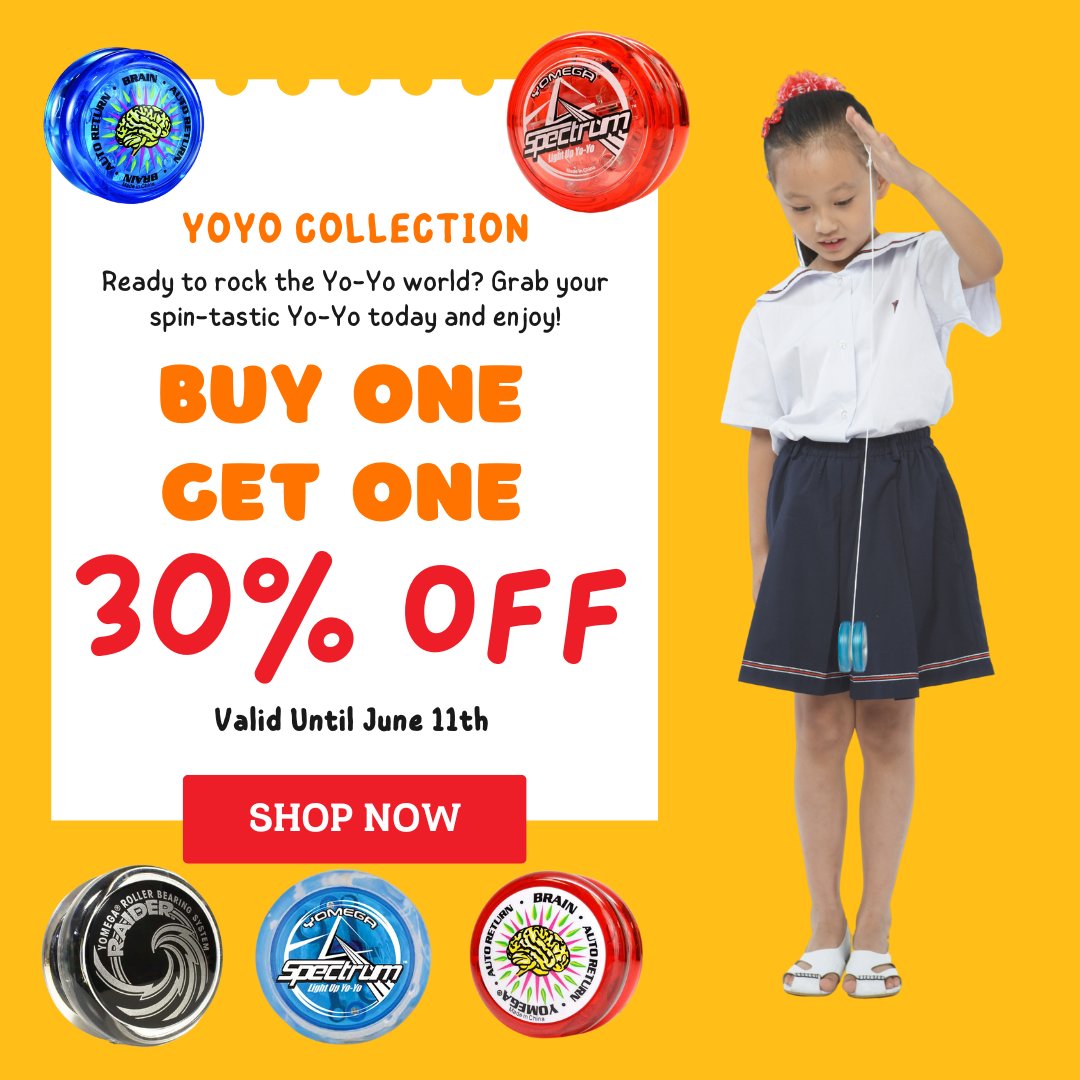 MindGamesUSA's tweet image. 📢 Calling all Yo-Yo fanatics! 🎉 Let's celebrate National Yo-Yo Day with a mind-boggling deal! For a limited time only, when you buy one Yo-Yo, you'll get the second one at a whopping 30% off! 🪀💥Valid until June 11th. 
#YoYoNation #NationalYoYoDay #YoYoLove #YoYoLife #YoYoSale