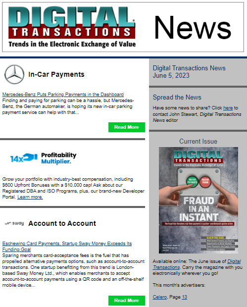 DTPaymentNews's tweet photo. Today’s Digital Transactions News: M-B’s In-Car Parking Payments; Sway Spurns Card Fees; Chase Resolves Double Debit Issue
https://t.co/sminKmiXj8
#payments #incarpayments #doubledebits #overdrafts #QRcodes #cardacceptancefees #crowdfunding https://t.co/qB4znPw9bj