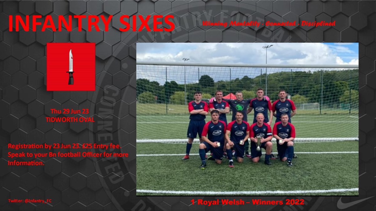 This years Infantry Sixes will be held at Tidworth on the 29th June. Speak to your football officer for more details 🟥⬛️