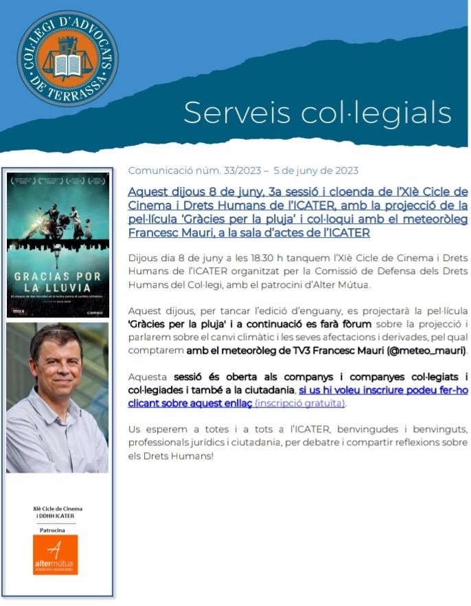 Avui #DiaMundialdelMediAmbient. I  dijous 8 de juny, a les 18.30 h, 3a i darrera sessió #XICicleCineiDDHH <a href="/ICATERadvocats/">Advocats Terrassa</a> amb projecció del film 'Gràcies per la pluja' 🌧 després farem fòrum amb el meteoròleg Francesc Mauri <a href="/MeteoMauri/">MeteoMauri</a>. Vine! Obert a col-legiats/des i ciutadania
