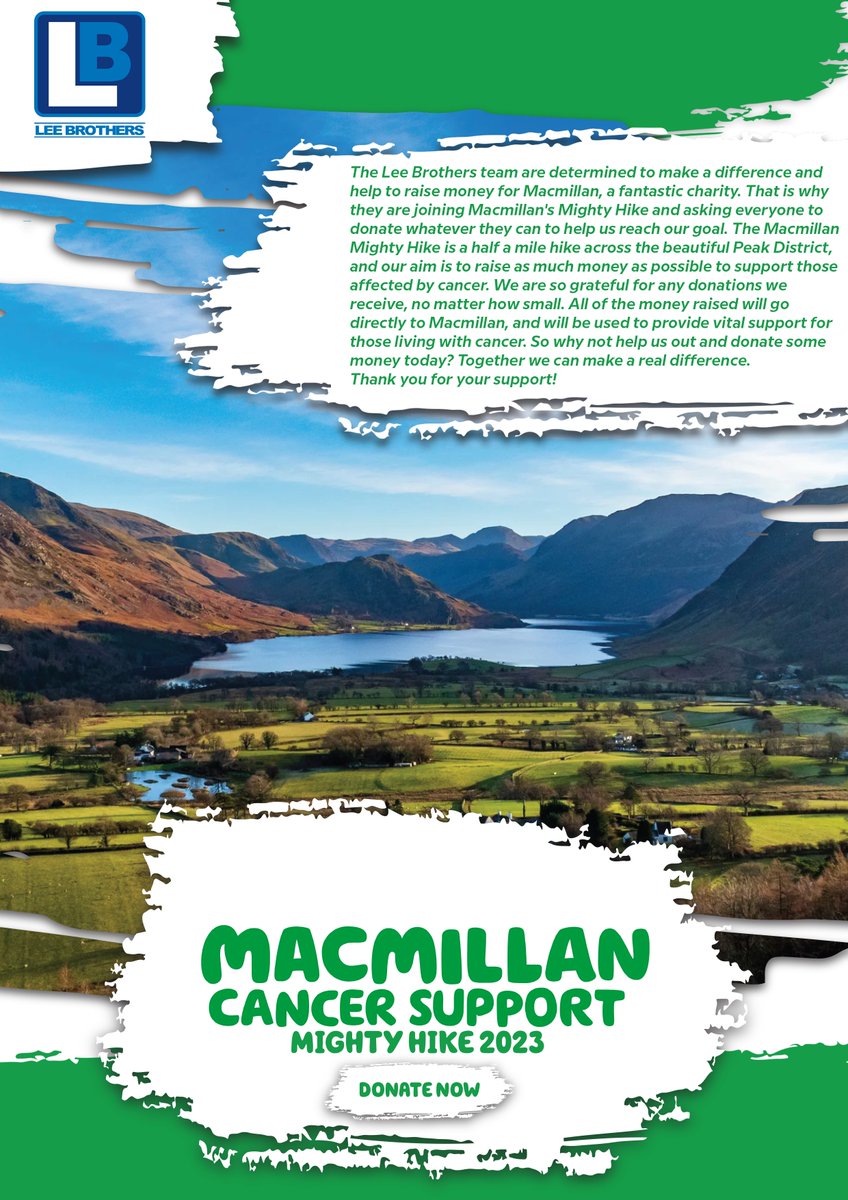 The Lee Brothers team are determined to make a difference and help to raise money for Macmillan, a fantastic charity. That is why they are joining Macmillan's Mighty Hike.

Please click the link below to donate now.

justgiving.com/fundraising/ch…