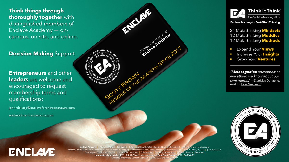 JohnRDallasJr's tweet image. A salute to Founding Member Scott Brown, the podcast voice of @EnclaveAcademy for #LiveFromStudio75 (available on @iTunes). He's attended and contributed value to nearly every monthly Masterclass in #Metathinking over the 70 months since the program began. linkedin.com/in/scottbrown3…