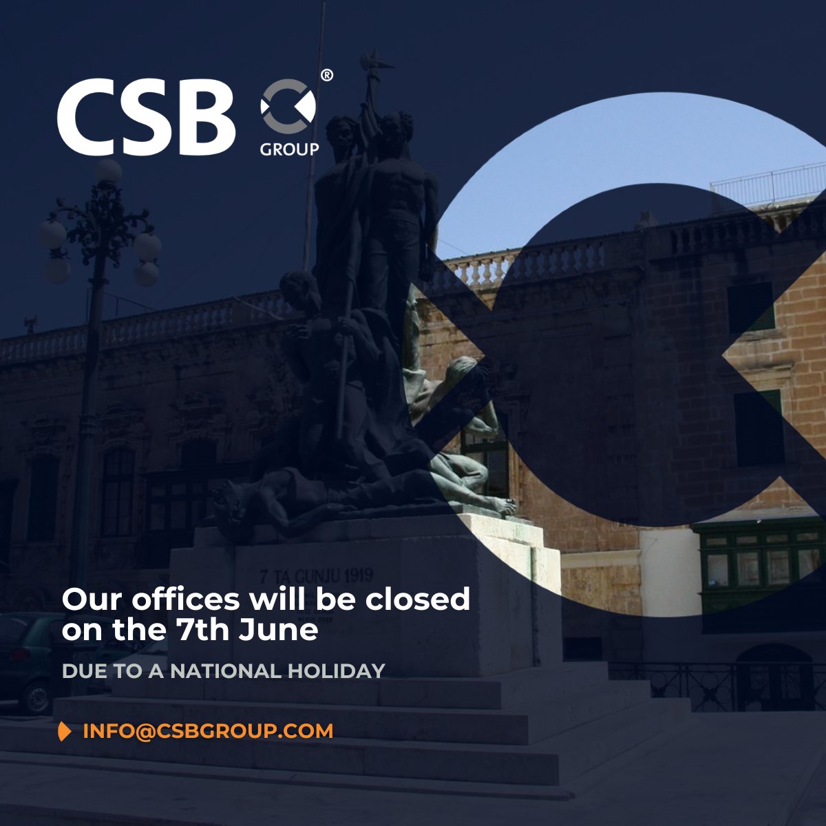📅 Wednesday, the 7th of June is a #nationalholiday in #Malta and therefore, we will be taking a short break. We will be back to our offices on Thursday, the 8th of June 2023.

🔗 To obtain the list of National and Public Holidays in Malta please visit csbgroup.com/about-malta