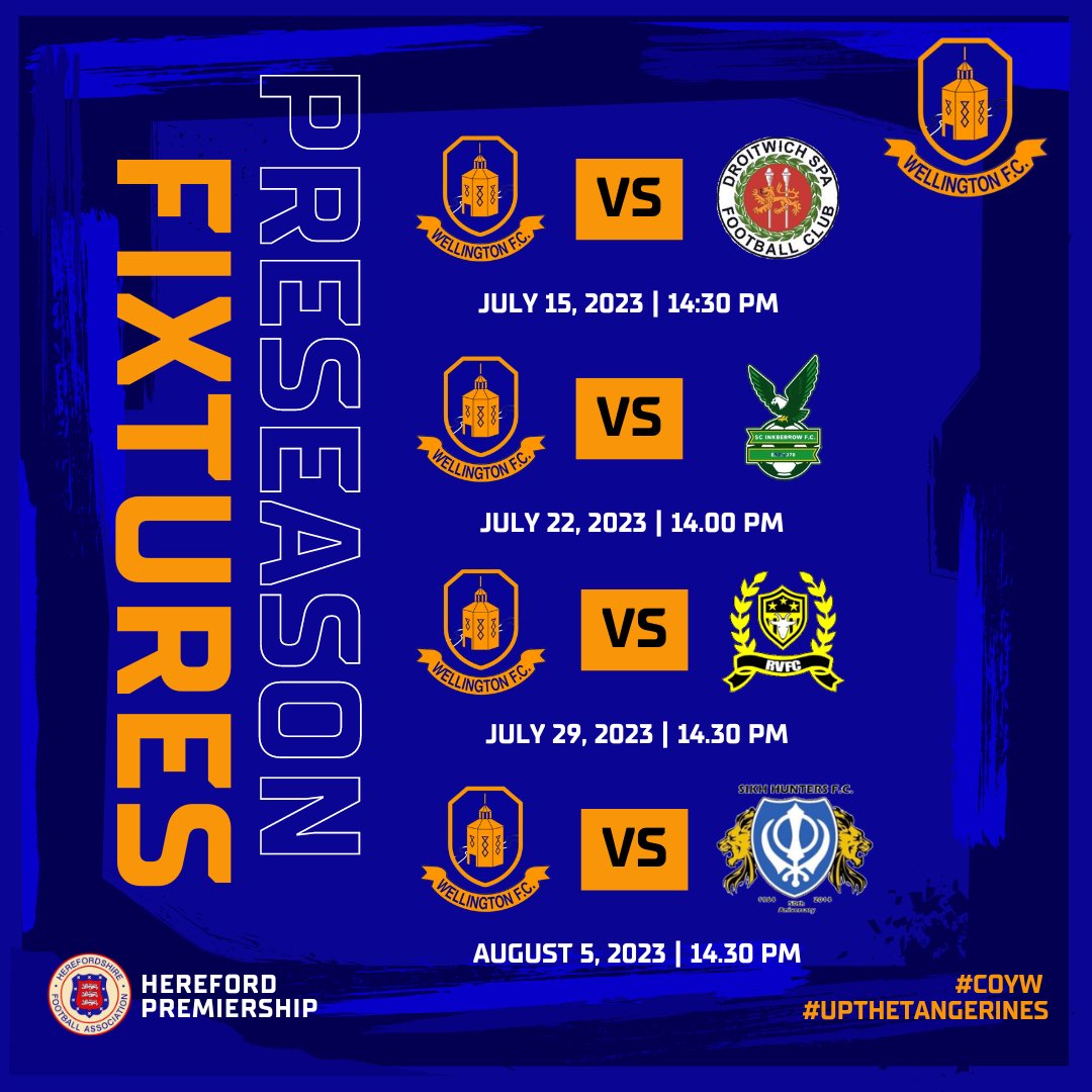 Our 2023/24 preseason fixtures are here! 

Take a look at our upcoming games as we gear up for an incredible season in the <a href="/HerefordshireFA/">Herefordshire FA</a> Premier Division.

#COYW #UpTheTangerines