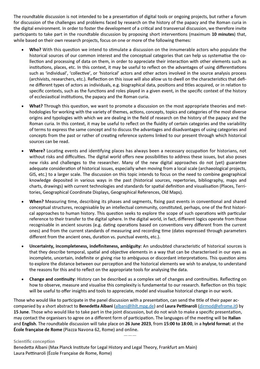 BAlbani (@benedettalbani) on Twitter photo Dear friends,
together with my colleague <a href="/L_Pettinaroli/">Pettinaroli Laura</a> (École Française de Rome) I am organising a roundtable discussion on 'A millennial history in the digital world. Studies on the Papacy and the Roman Curia and the Digital Humanities'. Dear friends,
together with my colleague <a href="/L_Pettinaroli/">Pettinaroli Laura</a> (École Française de Rome) I am organising a roundtable discussion on 'A millennial history in the digital world. Studies on the Papacy and the Roman Curia and the Digital Humanities'.