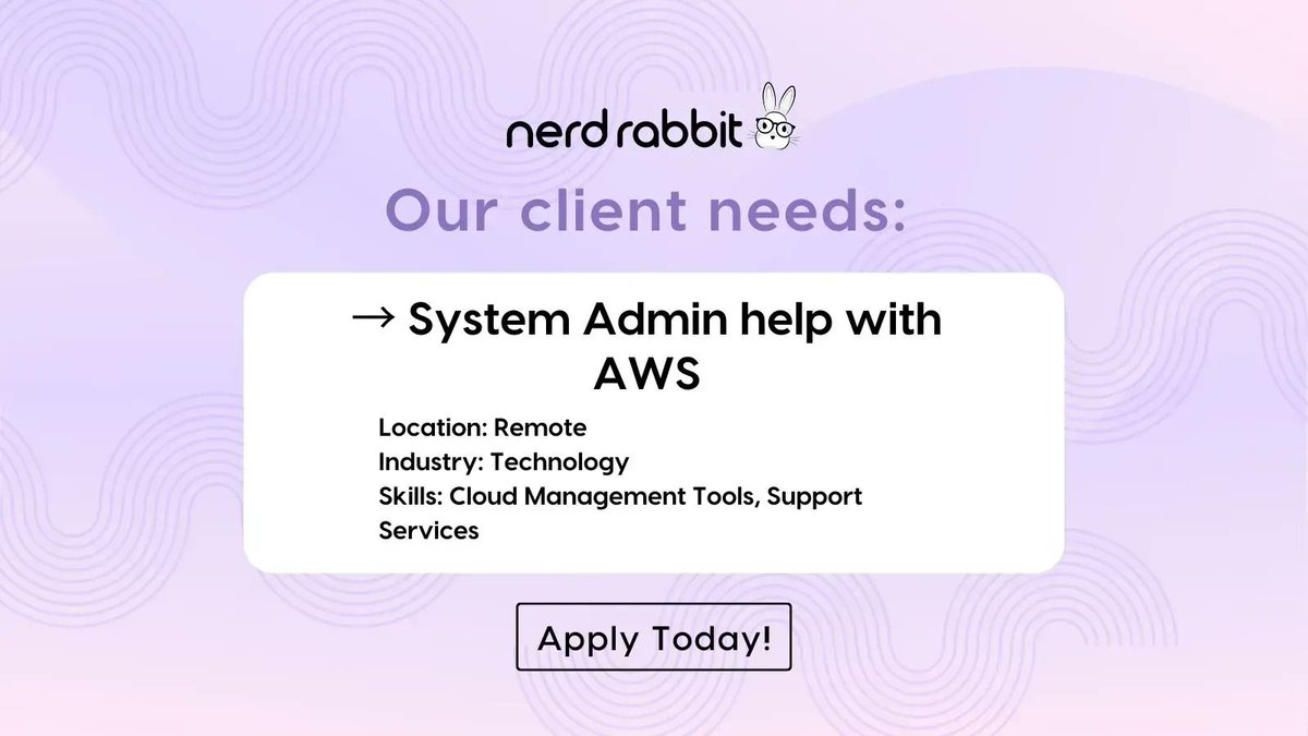 Check out the newest job (h)opportunities on Nerdly! buff.ly/3oJUya1 
.
.
.
#NerdRabbit #jobseekers #awsjob #aws #techjob #careeropportunity #systemadmin #jobsearch #awscertified #cloudmanagement #cloudservices #itsupport #parttimejobs #fulltime #nerdly #amazonwebservices