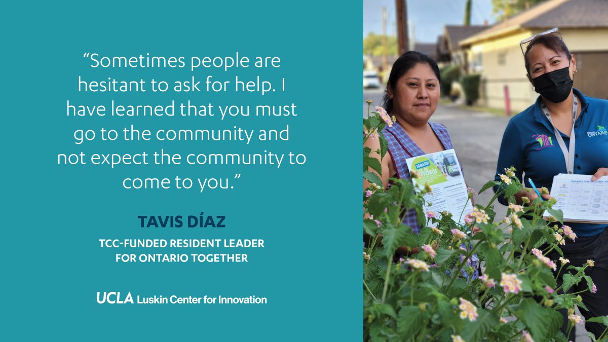 LuskinCenter's tweet photo. @UCLALuskin Paid resident leaders working w/ CHIA, like Tavis, are supported by #OntarioTogether; creating measurable &amp; sustainable neighborhood transformation while improving their own health outcomes. #TCCTransforms communities. With @CalSGC, @CityofOntario, @CAClimateInvest 2/2 https://t.co/LcXx0HROrU