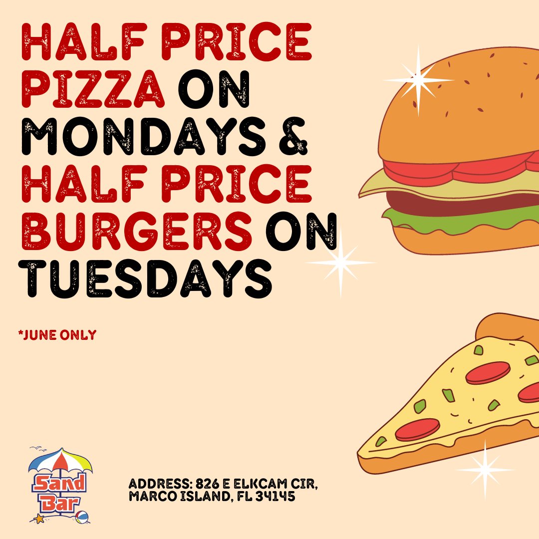 Sandbarfl's tweet photo. Half-price pizza on Mondays and half-price burgers on Tuesdays!----#marcoisland #naplesflorida #naplesfl #Fortmyers #colliercounty #swfl #resturant #bar #drinks  #marcobeach #florida #miami#livemusic #entertainment https://t.co/QvJs3tvDlk