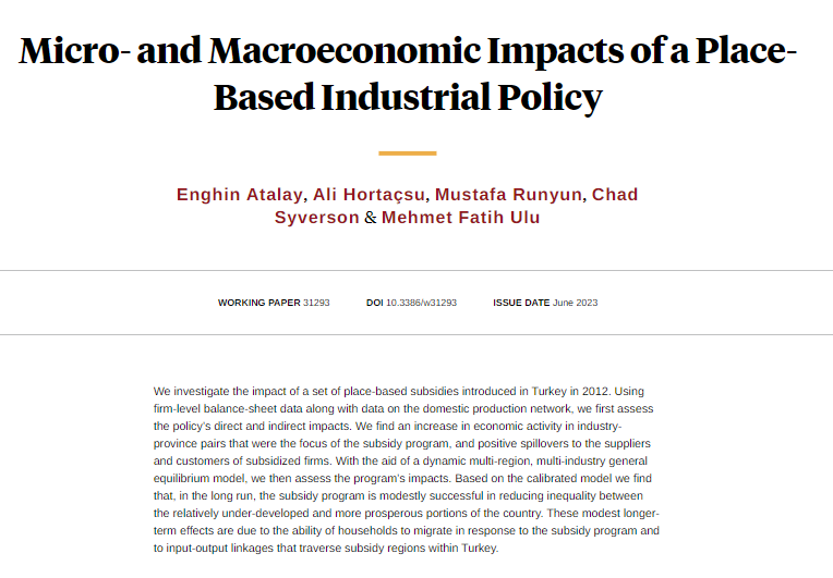 Large regional investment subsidies in Turkey increase productivity of subsidized firms, but barely reduce regional income differences because of geographic spillovers and migration, from @EnghinAtalay, Hortaçsu, Runyun, <a href="/ChadSyverson/">Chad Syverson</a>, and Fatih Ulu nber.org/papers/w31293