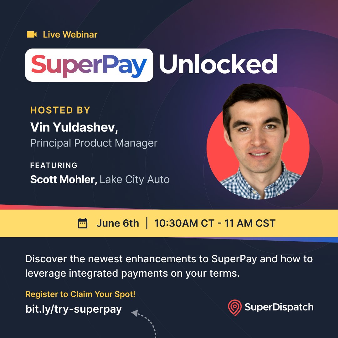 SuperDispatch's tweet photo. Have you signed up for our LIVE SuperPay Unlocked webinar tomorrow?

There is still time! Claim your free spot to join us tomorrow to learn about what SuperPay can do for your business.

Register here: https://t.co/u62sErx5I7

#autotransport #transportmanagement #superloadboard https://t.co/xEQU2hW9Wa