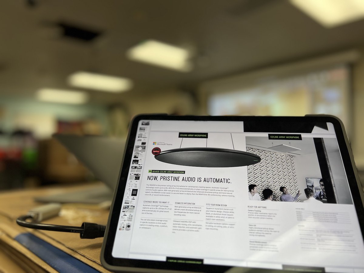 GeerTech's tweet image. Live from the field -- we're showcasing @shure's flagship #MXA920 microphone for a local school district.  Studio Sound for Every Meeting! Contact your Geer Tech reps today!

#SoundExtraordinary #Shure #ProAudio #AVConferencingSolution  #MeetingSpaceAudio