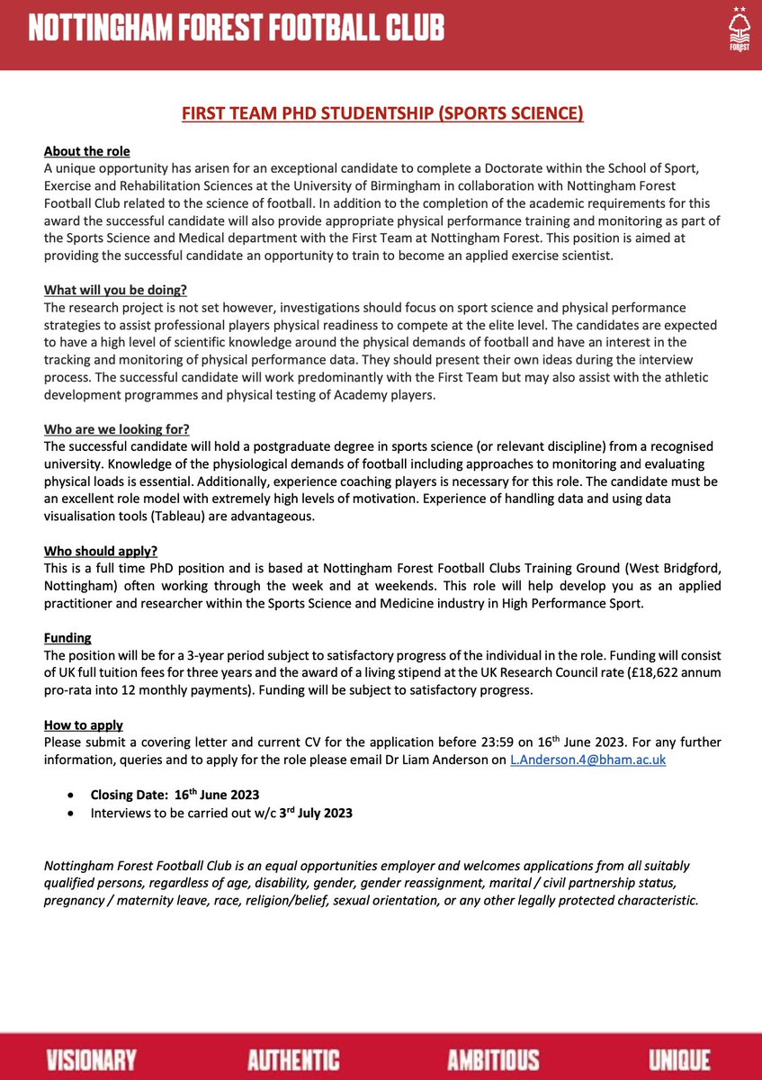 Sports Scientists! ⚽️🎓

Are you interested in a development opportunity working in a Premier League football club whilst studying for a PhD?

We have an applied PhD opportunity in collaboration between <a href="/UBSportExR/">UBSportExR</a> and <a href="/NFFC/">Nottingham Forest</a>  1st team with myself and <a href="/DavidTivey/">David Tivey</a> 

👇