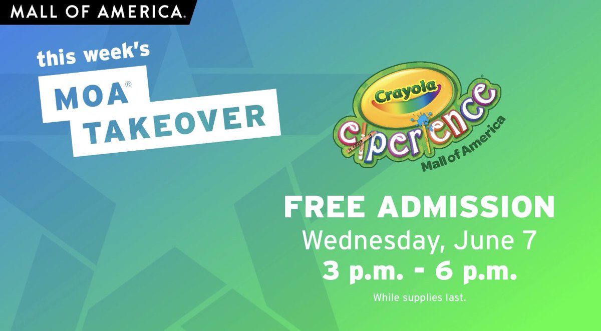 All summer long, we are taking over Twin Cities hotspots + making them 100% free! 😎 Our first takeover of the summer is... #CrayolaExperience on June 7 from 3-6 p.m. 

Unlock these MOA Takeovers with the Mall of America app! Details ➡️ mallofamerica.com/takeovers