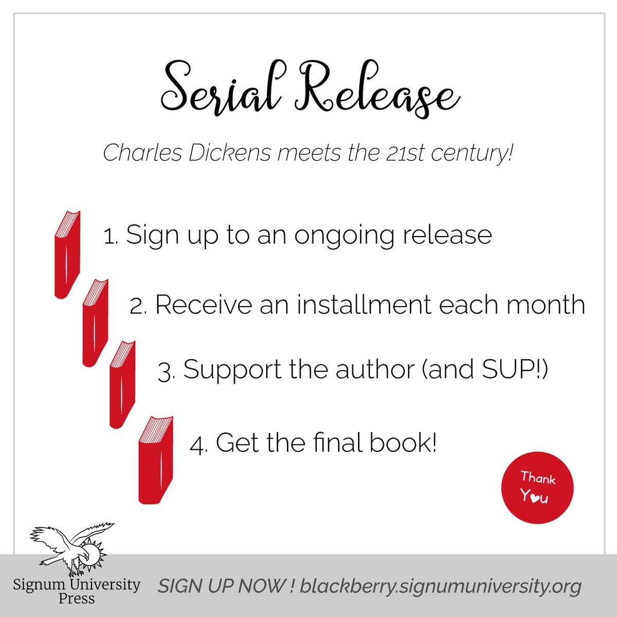 Serial release means that we are breaking down a larger body of work and releasing it in small installments - usually a single chapter or a group of poems per month.

AND subscribers receive a copy of the final ebook or audiobook! blackberry.signumuniversity.org/press/