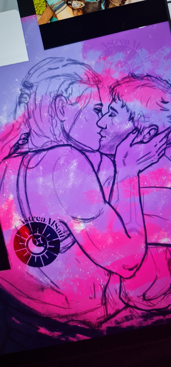 my next art won't have so much feedback I know that for sure but how could i not draw eivor/hytham with bi flag on background during pride month 💀💀