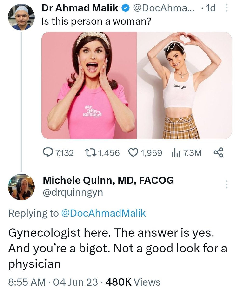 Female doctors - especially those who specifically treat women - should be embarrassed to publicly proclaim men are women. Quit your jobs. If you are willing to deny basic biology so you can virtue signal, you shouldn't be anywhere near women. In any capacity.