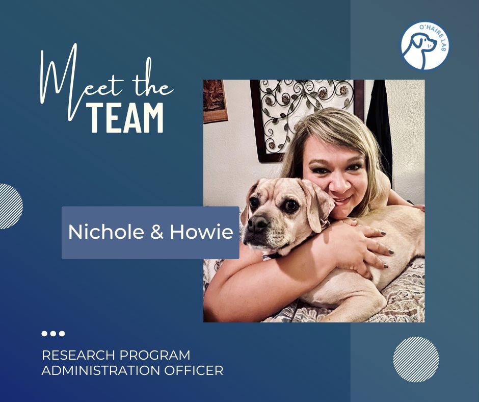 Meet Nichole & Howie! Nichole is our Research Program Administration Officer and we’re so lucky to have her as a member of the O’Haire Lab. She says, “Howie is a part of the family and he makes our lives better. Our family wouldn’t be the same without him.” #research #meettheteam
