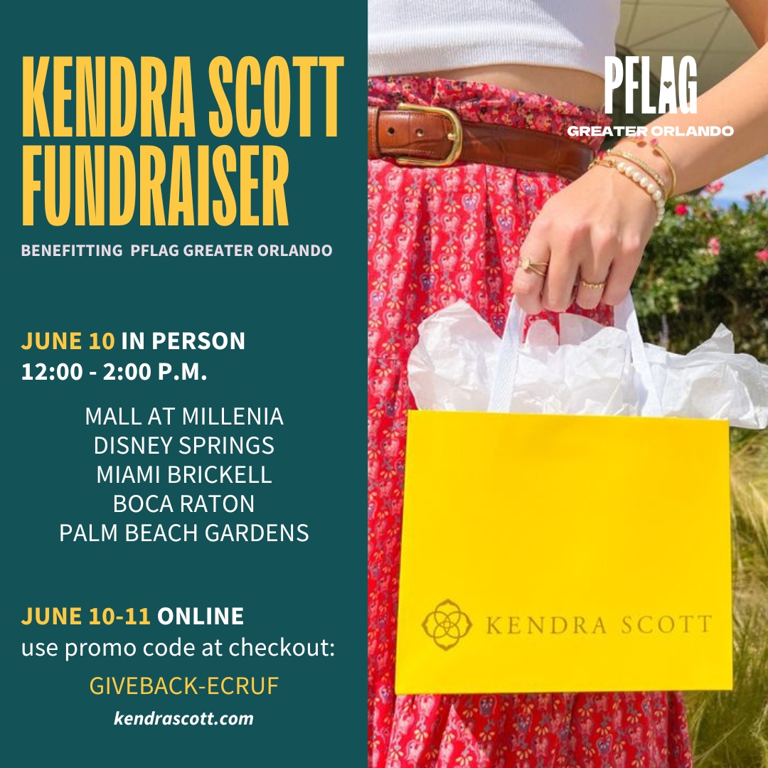 🛍️ Join us on June 10th, 12-2 PM. Mention PFLAG at checkout, and Kendra Scott will donate 20% to support us. ❤️

📲 Can't make it in person? Shop online with code 'GIVEBACK-ECRUF' from June 10-11. 

#goPFLAG #PFLAG #ShopForACause #KendraScottCares #Orlando #LGBT  #LGBTQ #LGBTQIA