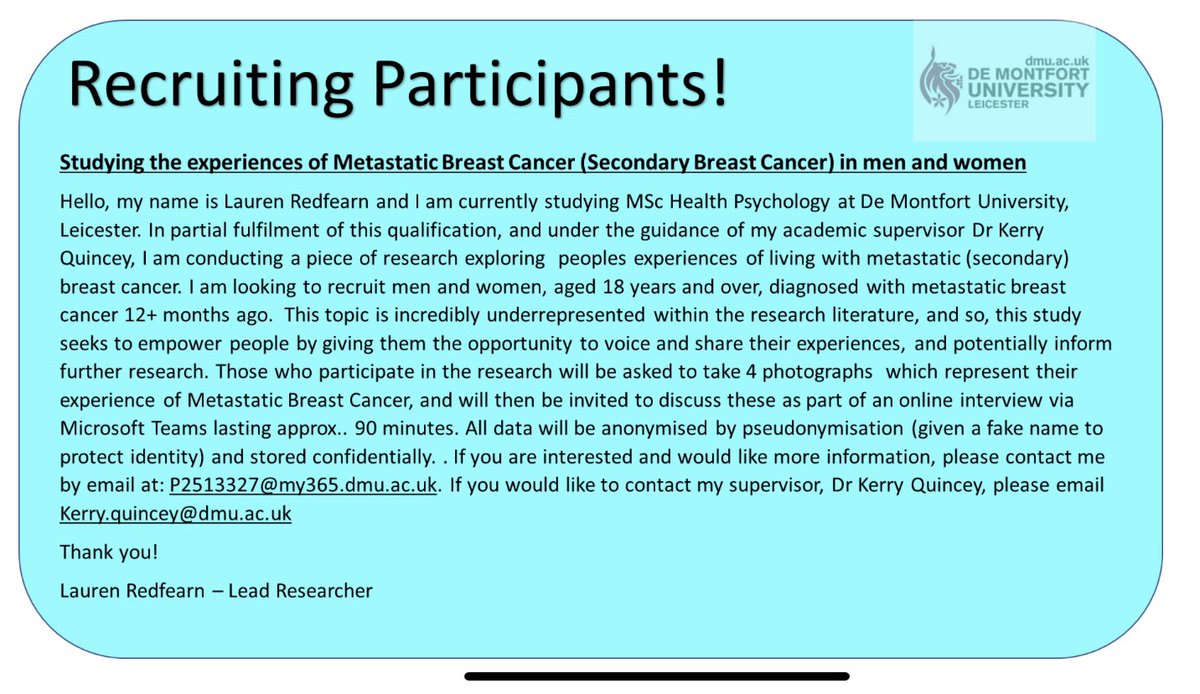 📣📣 Participants needed! 📣📣 Men and Women with Metastatic (Secondary) Breast Cancer. Please get in touch if you can get involved or share to anyone you know. Thank you! #psychologicalresearch #secondarybreastcancer #metastaticbreastcancer