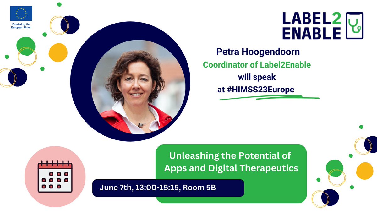 😀Tomorrow
Petra Hoogendoorn will speak at “Unleashing the Potential of Apps and Digital Therapeutics” at #HIMSS23Europe for #Label2Enable

When: June 7, 13:00-15:15

Where: Lisboa Congress Centre (CCL) Room 5B

Check more: emp.onl/l2ehimss23euro… @HIMSS @LUMC_Leiden @NeLL_2018