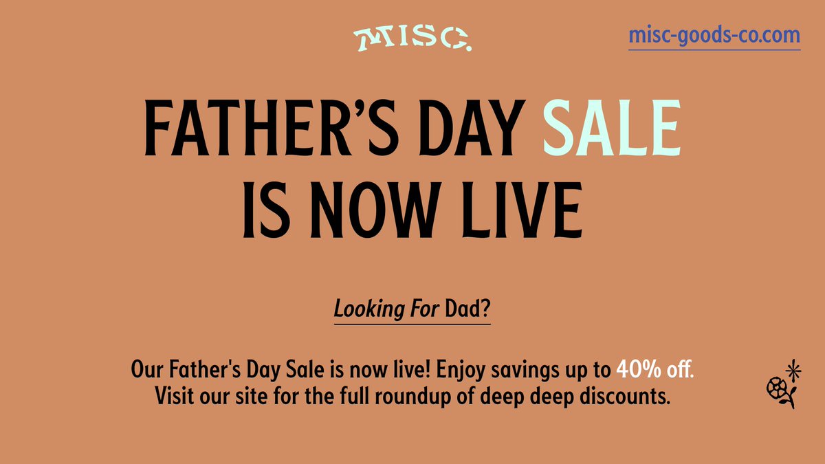 TylerDeeb's tweet image. Hey everyone — we only do 2 big @Misc_Goods_Co  sales a year and our Father&apos;s Day one just launched w/ 40% discounts.

Support this buddy and go stock up on stuff for your dad, yourself or ... anyone.

misc-goods-co.com