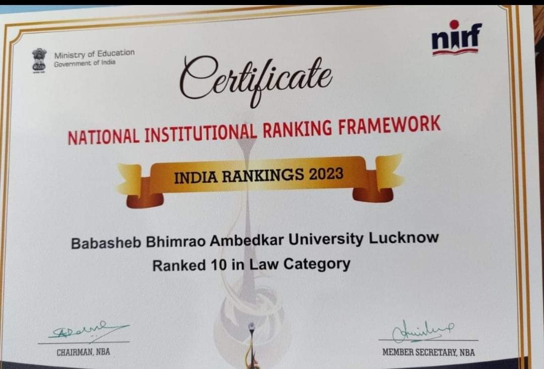 Very happy to share that #BBAU ranked 42 in University Category, 69 in overall category, 78 in management category and 10 in Law Category in #NIRF
<a href="/EduMinOfIndia/">Ministry of Education</a> <a href="/dpradhanbjp/">Dharmendra Pradhan</a> <a href="/SanjayDhotreMP/">Sanjay Dhotre</a> <a href="/OfficeOfSDhotre/">Office of Sanjay Dhotre</a> <a href="/ugc_india/">UGC INDIA</a>
