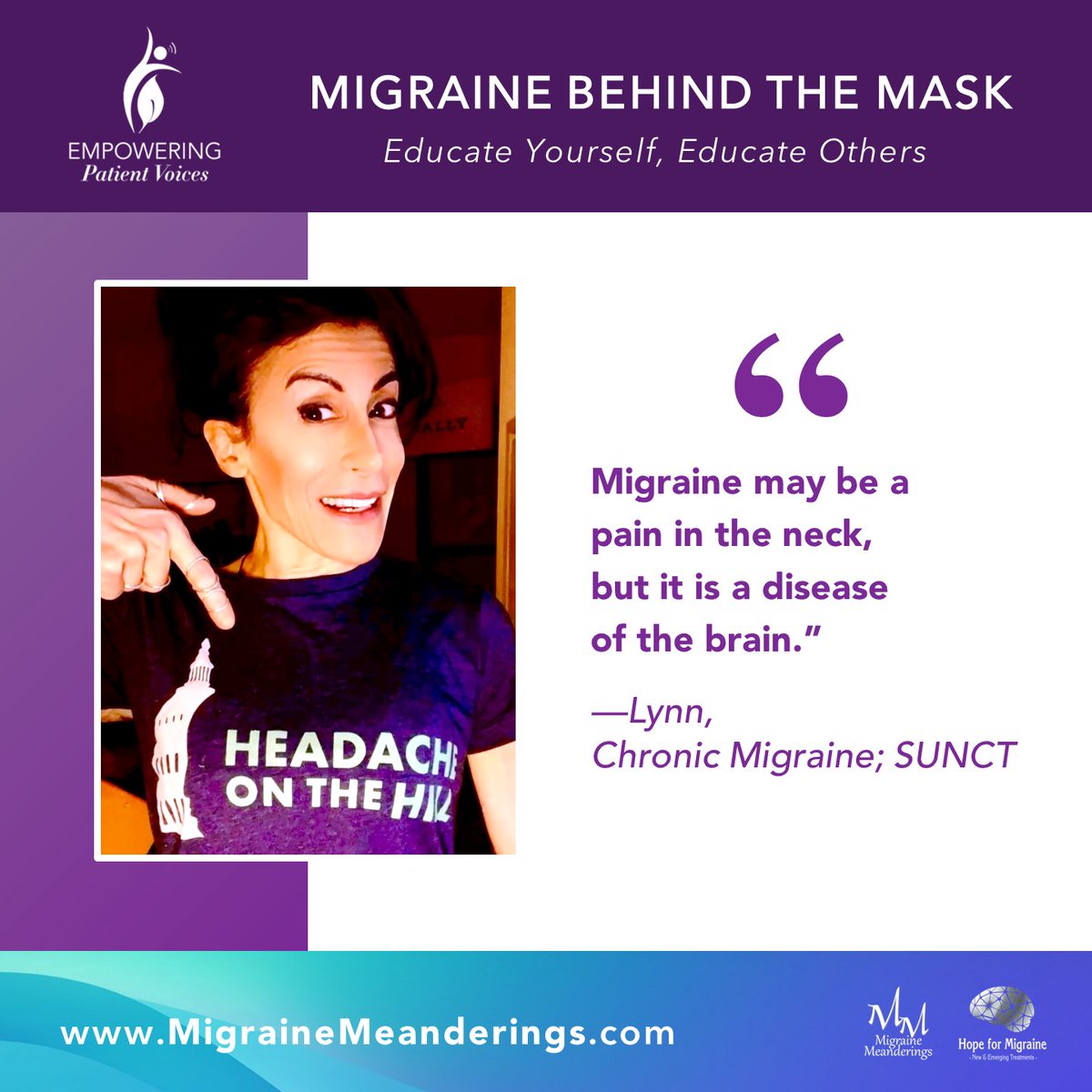 migrainemeander's tweet photo. #MigraineBehindTheMask - Day 5. Meet Lynn, a #migraine community advocate w/ #ChronicMigraine & #SUNCT, a rare, #HeadacheDisorder that involves short, intense, bursts of pain primarily around one eye. Reminder, migraine is a disease of the brain.
#mham #migraineawareness https://t.co/cJwvPqmF5y