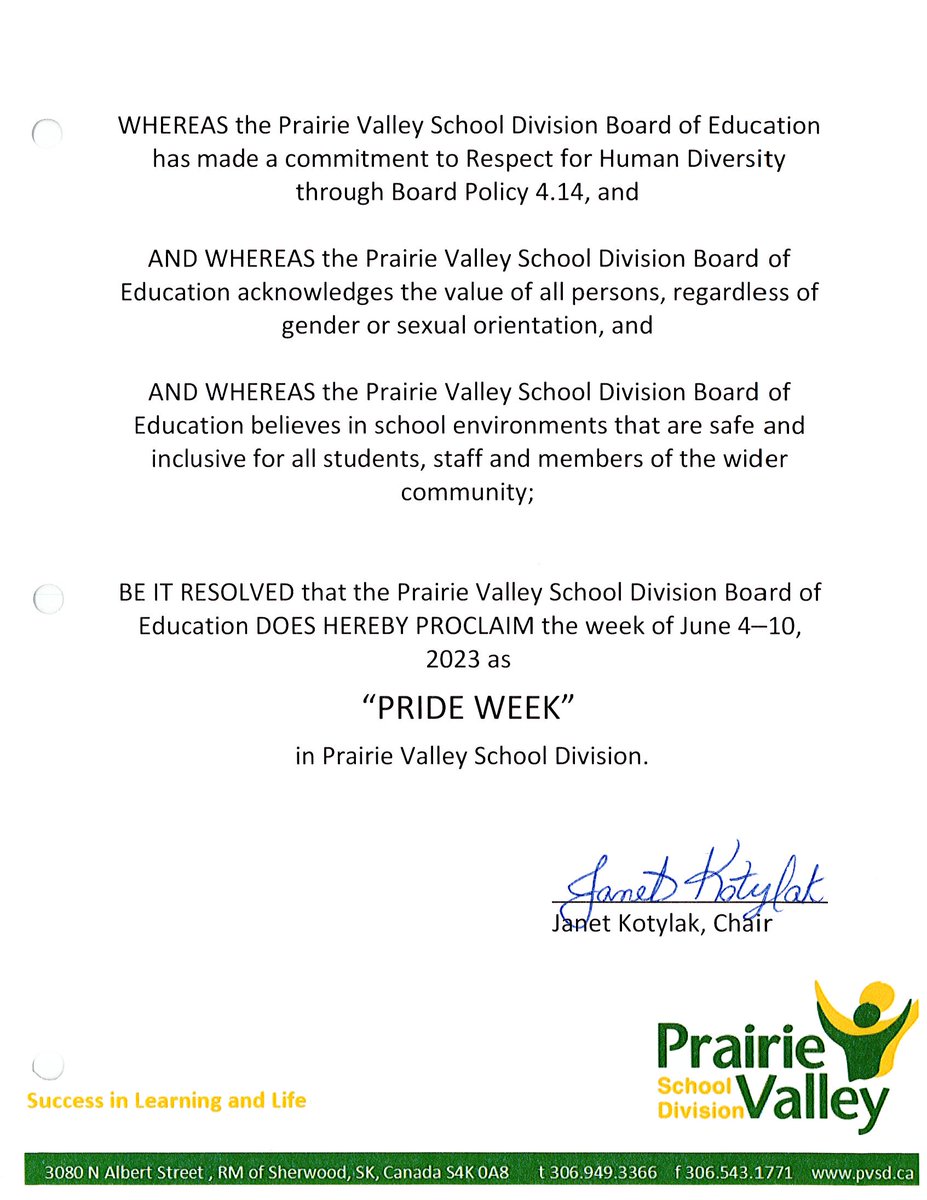 It’s Prairie Valley Pride Week! The PVSD Board of Education has declared June 4-10 Pride Week across the Division. Throughout this week and the month of June, students will engage in activities and learning to promote diversity, inclusion and understanding.