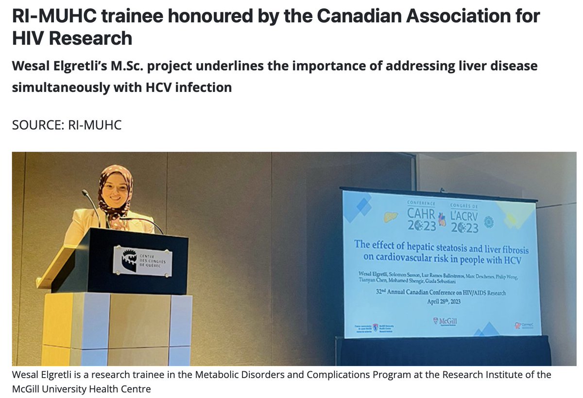 Proud of my master student @WesalElgretli, featured by the @RIMUHC1 !
✅ in the DAAs era, important to appreciate cardiometabolic complications of #HCV beyond liver ! 
#livertwitter @CASLupdates  @IDIGHProgram @cusm_muhc @CIHR_CTN @canhepc @CAHR_ACRV 

👉rimuhc.ca/en/-/ri-muhc-t…